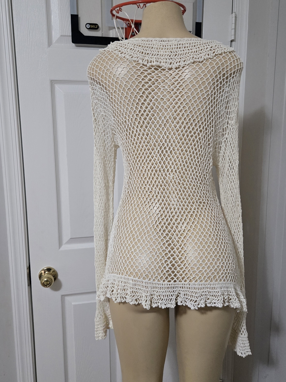 Cardigan Cream Crochet Open-Knit Tie-Front Blazer Jacket - Picture 6 of 11